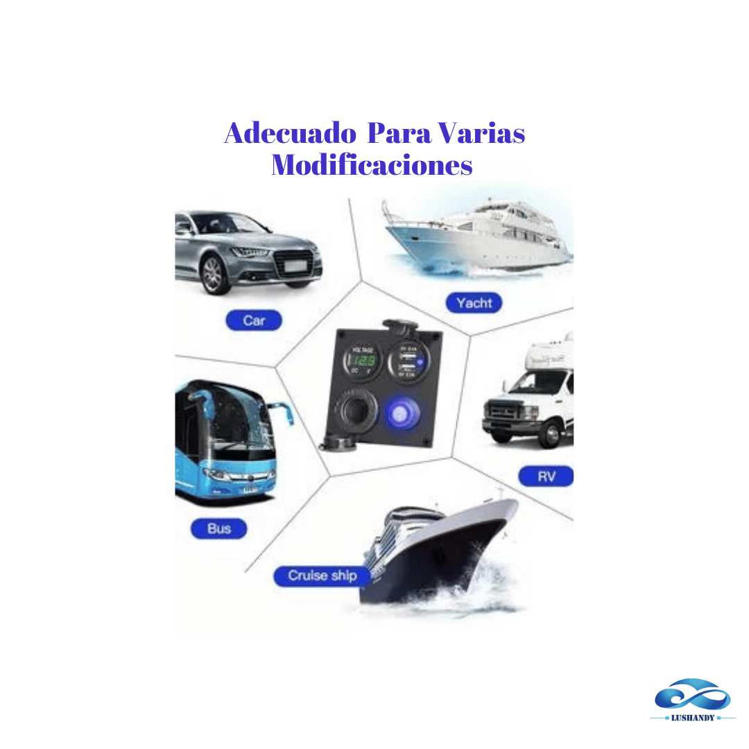 Panel Cuadrado De Conectores  USB Cargador Encendedor + Voltímetro + Encendido Y Apagado   12-24v